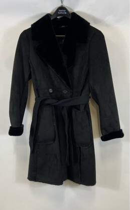 DKNY Womens Black Long Sleeve Collared Belted Fur Trim Trench Coat Size Small
