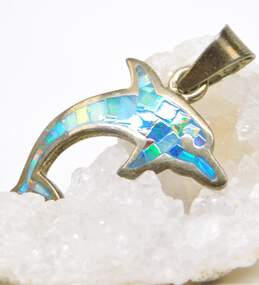 VNTG Cardenas Taxco 950 Silver Mosaic Opal Dolphin Pendant 6.3g alternative image