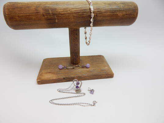 Contemporary 925 Amethyst & Diamond Accent Heart & Purple CZ Pendants Necklace Drop Earrings & Twisted Herringbone Chain Bracelet 10.4g image number 3