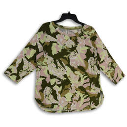 Womens Pink Green Floral 3/4 Sleeve Round Neck Pullover Blouse Top Size XL