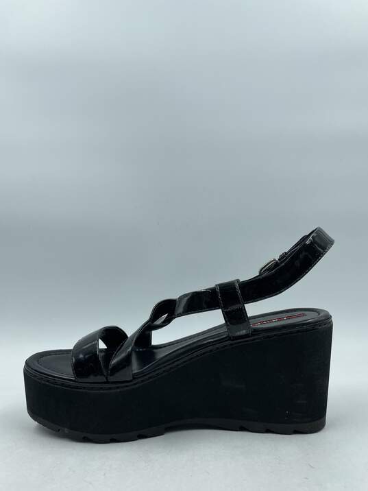 Authentic Prada Black Patent Wedge Sandals W 8.5 image number 2
