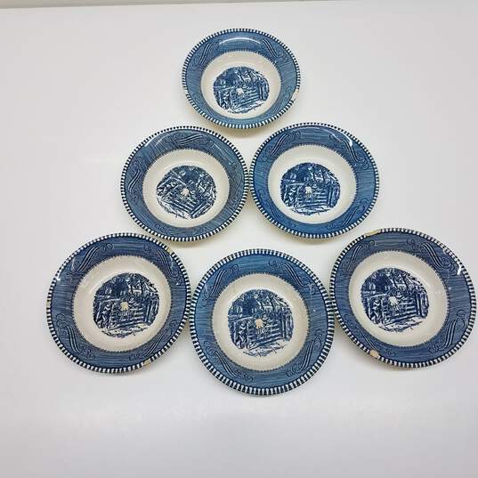 Vintage Imperial Blue Royal Currier & Ives 6 Piece Cereal Bowl Set image number 1