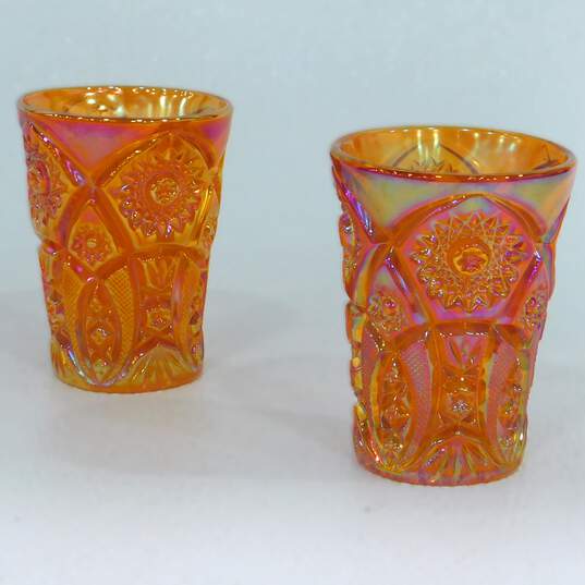 Pair Vintage Imperial Glass Marigold Carnival Glass Drinking Glasses & Candy Jar image number 3