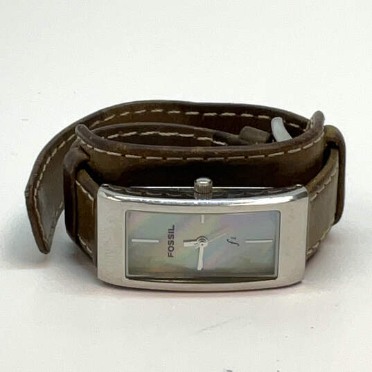 Designer Fossil Silver-Tone Leather Strap Rectangle Dial Analog Wristwatch image number 2