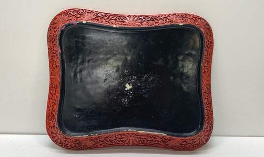 Vintage Oriental Faux Cinnabar 14 x 12 Decorative Carved Red Tray image number 2