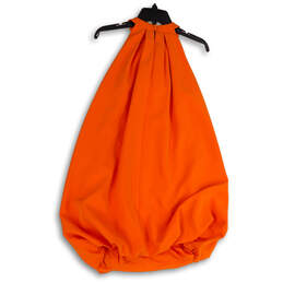 NWT Womens Orange Pleated Round Neck Back Button Mini Dress Size Small alternative image