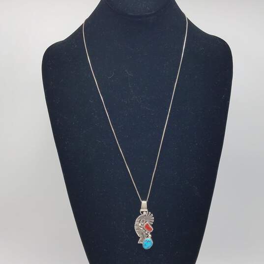 Sterling Unsigned Southwest Turquoise Coral Kokopelli Pendant 24" Necklace 10.5g image number 1