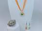 Artisan Silvertone Floral Dichroic Art Glass Pendant Orange Ribbon Necklace Matching Drop Earrings & Band Ring 40.8g image number 10