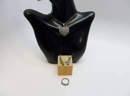 Romantic 925 Blue Glass Heart Pendant Necklace Bar Drop Earrings & Cubic Zirconia Band Ring 15.9g
