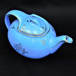 Vintage Hall Pottery Periwinkle Cadet Blue Gold Teapot #0749 Hook Lid