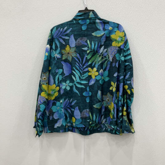 Womens Blue Floral Embroidered Collared Long Sleeve Button-Up Shirt Size 3 image number 2