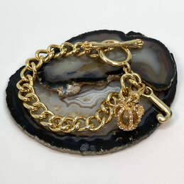 Designer Juicy Couture Gold-Tone Curb Chain Rhinestone Crown Charm Bracelet