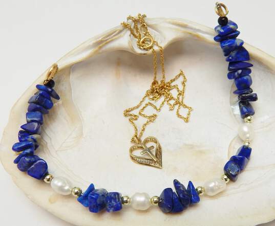 Gold Filled Heart Cross Pendant Necklace & Lapis & Pearl Bracelet 11.4g image number 1