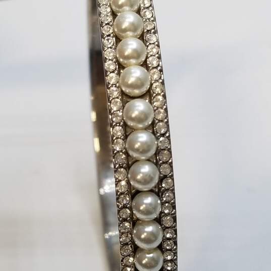 Givenchy Silver Tone Faux Pearl Crystal Hinge Bangle Bracelet 29.1g DAMAGED image number 3