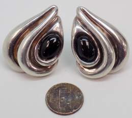 Signed 925 Modernist Electroform Onyx Cabochon Puffed Teardrop Chunky Clip On Earrings 32g alternative image