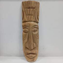 36" Carved Tiki Style Wooden Face Sculpture