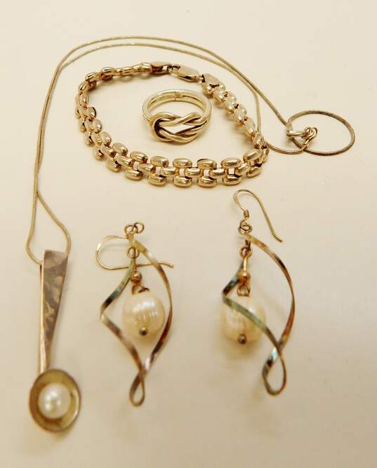 Artisan 925 Pearl Pendant Necklace & Earrings w/ Chain Bracelet & Knot Ring24.4g image number 1