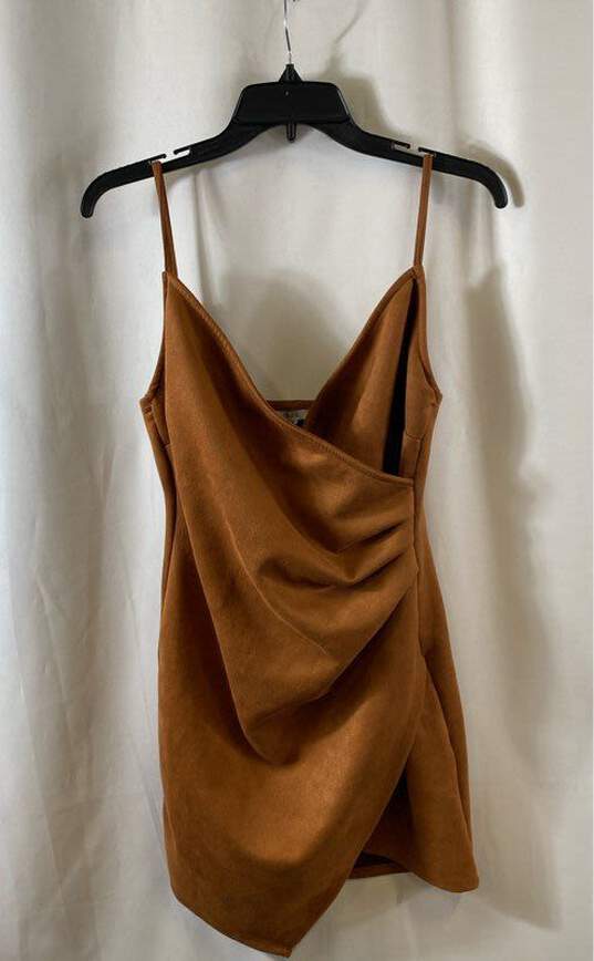 IRIS Womens Brown Faux Suede Spaghetti Strap Pullover Wrap Mini Dress Sz Medium image number 1