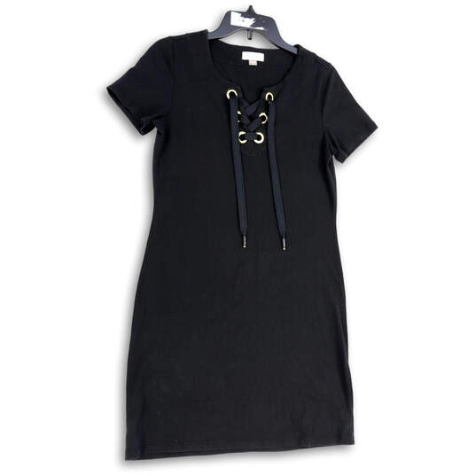 Womens Black Short Sleeve Lace Up Neck Knee Length Shift Dress Size Small image number 2