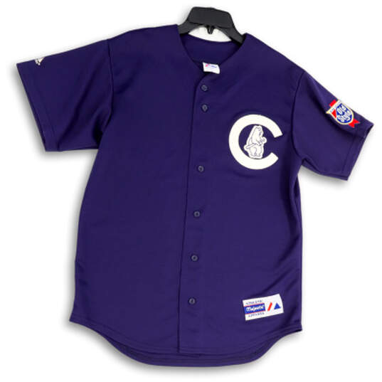 Buy the Mens Blue Chicago Cubs Short Sleeve Collarless Button-Up