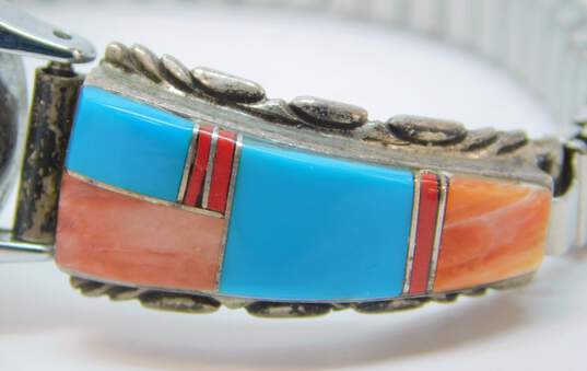 Southwestern Artisan 925 Sterling Silver Turquoise Coral & Spiny Oyster Watch Tips On Acqua Watch 22.9g image number 7