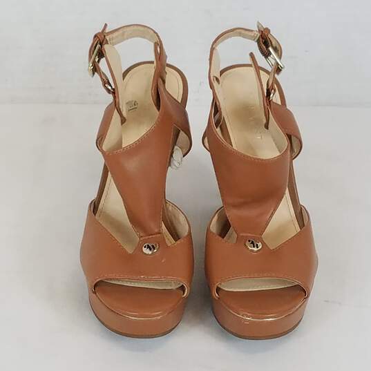 Nine West Wedge Sandal Peep Toe Women Heels   Size 7  Color Tan Brown image number 6