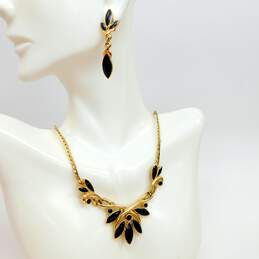VNTG Trifari Black & Gold Leaf Necklace & Earrings Set