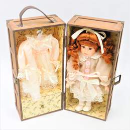 Vintage Porcelain Doll with Doll & Change of Clothing in Wood Box With Drawer