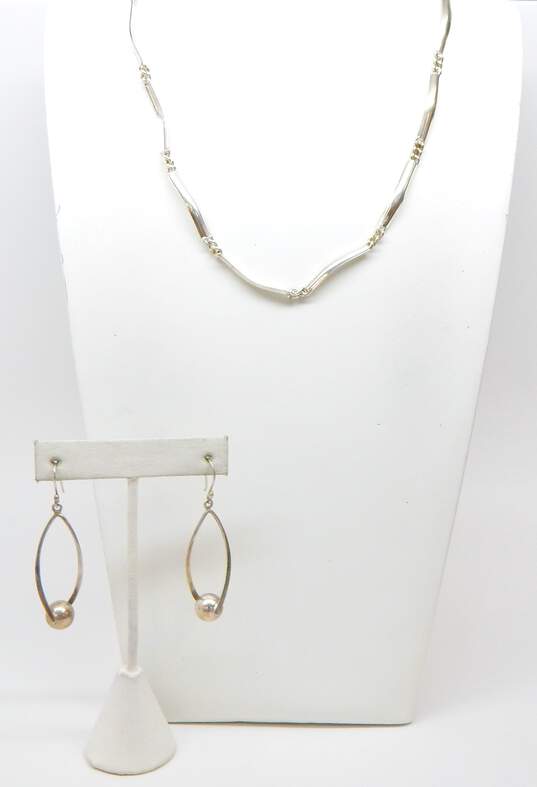 ATI Mexico & Artisan 925 Modernist Bars Linked Chain Necklace & Ball Abstract Curved Drop Earrings 20.6g image number 1