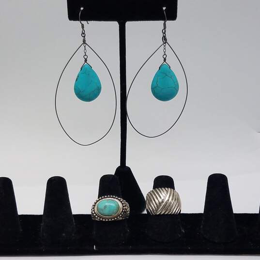 Sterling Silver Turquoise Dangle Earring Ring Sz 6 1/2 & 8 Bundle 3pcs 21.0g image number 1