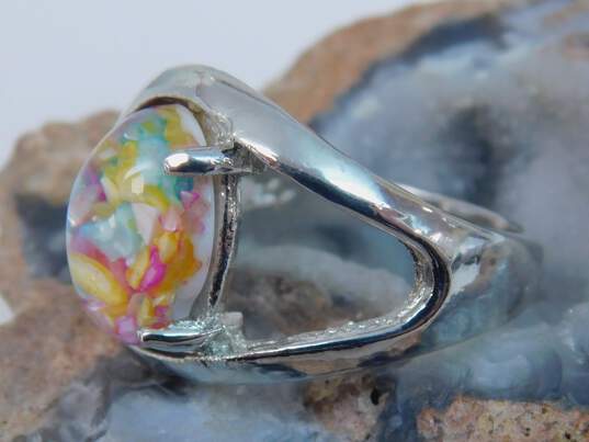 Artisan Silvertone Floral Dichroic Art Glass Pendant Orange Ribbon Necklace Matching Drop Earrings & Band Ring 40.8g image number 4