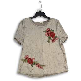 Charming Charlie Womens Brown Floral Embroidered Round Neck Blouse Top Size XL