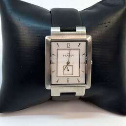 Designer Skagen Silver-Tone Black Leather Strap Rectangle Quartz Wristwatch