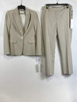 NWT Calvin Klein Womens Beige Striped Long Sleeve 2 Piece Suit Pant Set Size 10