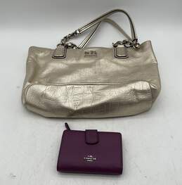 Coach Platinum Leather Carry All Tote Bag W/Small Purple Coach Bi-Fold Wallet