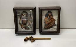 Lot of 3 Carved Pipe and Native American Diorama in Shadow Box by Neil Rose
