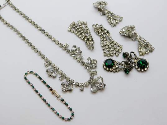 Vintage Icy Green & Clear Rhinestone Necklace Clip On Earrings & Bracelet 64.9g image number 1
