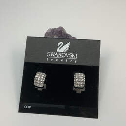 Designer Swarovski Silver-Tone Pave Crystals Stone Clip On Hoop Earrings