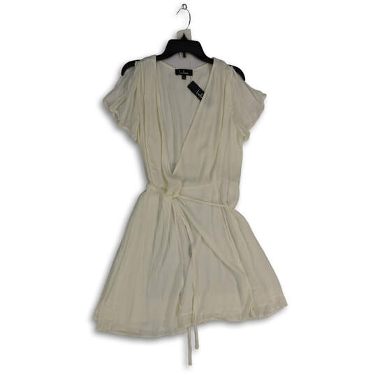 NWT Womens White Ruffle Short Sleeve Tie Waist Wrap Dress Size Large image number 1