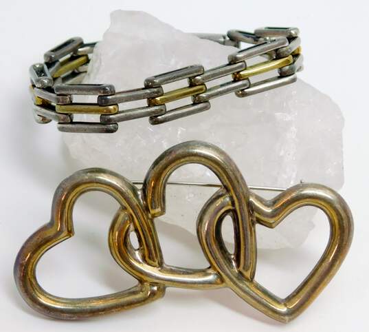 Taxco 925 Triple Interlocked Heart Brooch & Linked Bracelet 46.6g image number 1