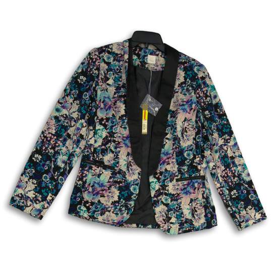NWT Lauren Conrad Womens Blue Black Floral Shawl Lapel Open Front Blazer Size 10 image number 1