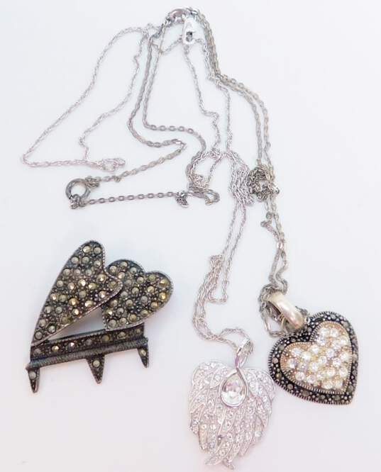 Romantic 925 Rhinestones & Marcasite Heart & Angel Wings Pendant Necklaces & Piano Brooch 16.4g image number 1