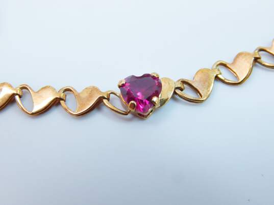 10K Yellow Gold Faceted Ruby Hearts Linked Chain Bracelet 3.0g image number 9