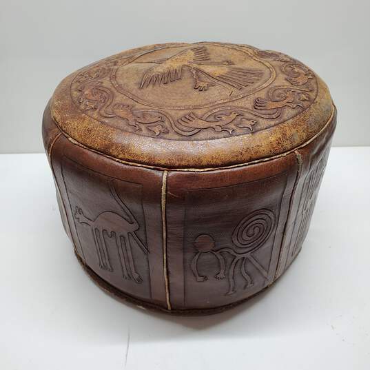 1980s Vintage Hand Tooled Leather Peruvian Hassock Pouf image number 1