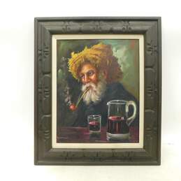 VTG Artist Signed Original Oil Painting Old Man w/ Pipe Drinking Wine Framed Art