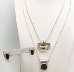 Taxco & Artisan 925 Faux Onyx & Abalone Inlay Pendant Necklaces & Post Earrings