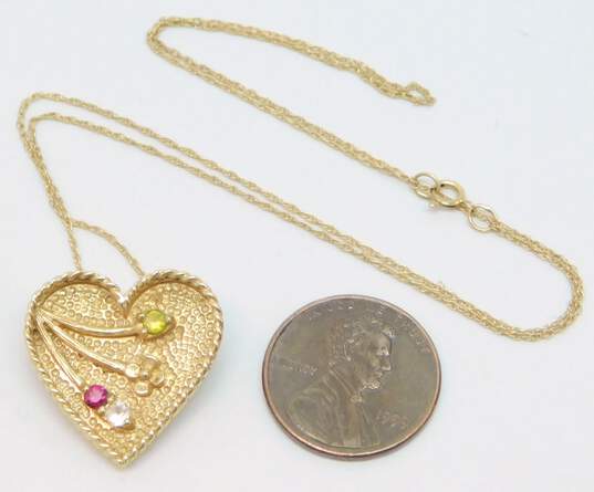 Romantic 14k Yellow Gold Peridot Ruby & CZ Flower Heart Pendant Brooch Necklace 5.3g image number 7