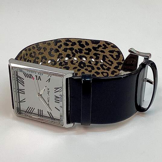 Designer Betsey Johnson Black Leather Strap Rectangle Analog Quartz Wristwatch image number 2