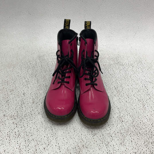 Womens 1460Y Pink Leather Round Toe Side Zip Lace Up Combat Boot Size 5 image number 1