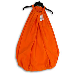 NWT Womens Orange Pleated Round Neck Back Button Mini Dress Size Small